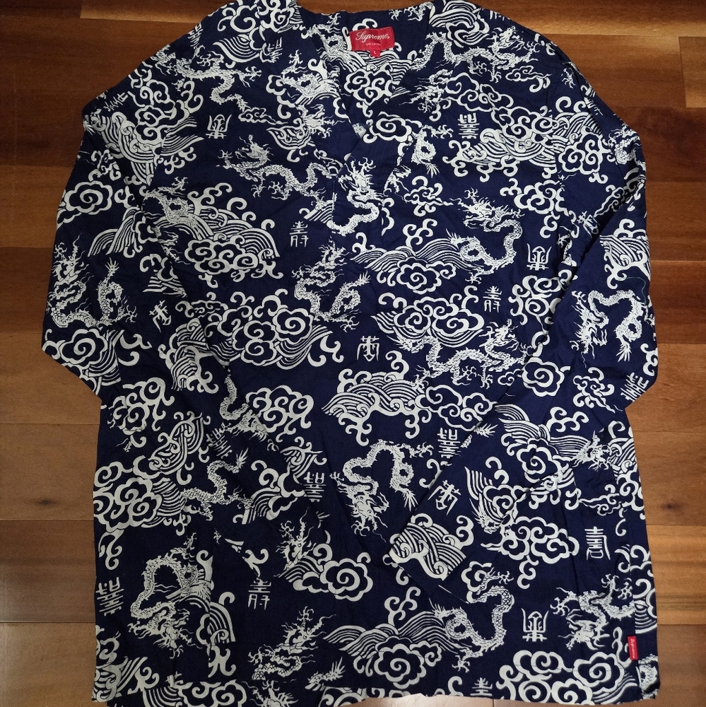 Super RARE Supreme Navy and White Dragon Long Sleeve Tee